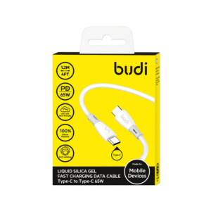 کابل شارژ سیلیکونی ‌USB-C به ‌USB-C بودی مدل Budi DC202TT12W توان 65 وات طول 1.2 متر